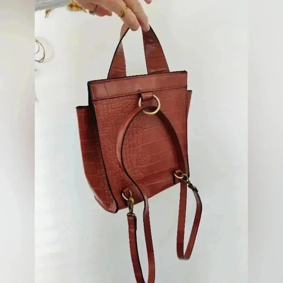 ASOS Adjustable Mini Backpack Bag FxLeather Embossed Tan EUC Neutral - Picture 3 of 7